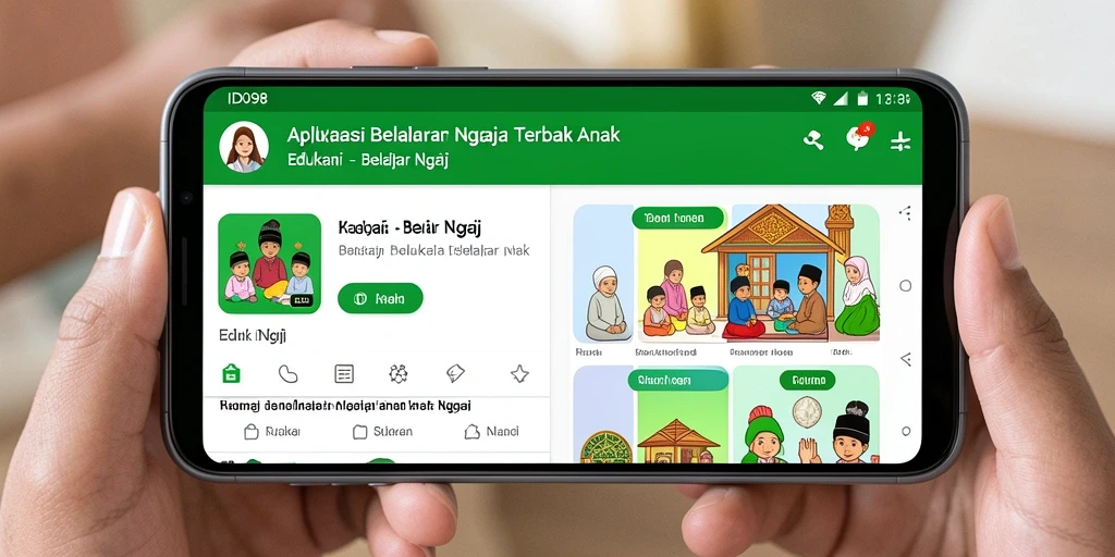 Antarmuka aplikasi Belajar Ngaji ID098 yang menarik dan informatif.